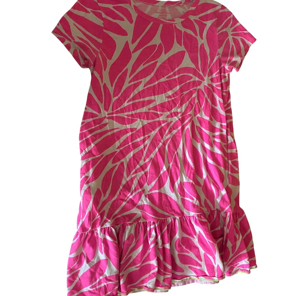 Vineyard Vines Girls XL Pink White Abstract Leaf Print Ruffle T-Shirt Dress